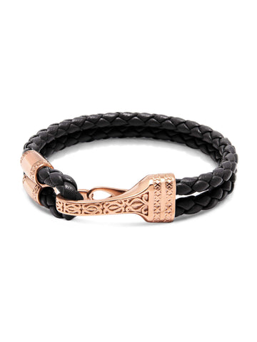 Nialaya Men's Leather Bracelet Men's Black Leather Bracelet with Rose Gold Bali Clasp Lock